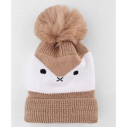 Babyhug Knit Woollen Cap with Bird Face Design & Pom Pom Light Brown - Diameter 10 cm