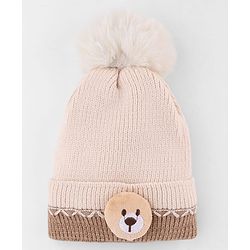 Babyhug Knit Woollen Cap with Animal Face Design & Pom Pom Light Pink - 10 cm