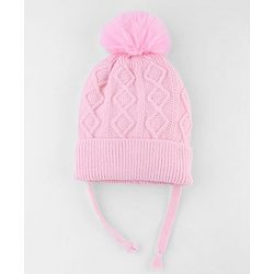 Babyhug Knit Woollen Cap with Cable Knit Design Pink - Diameter 10 cm