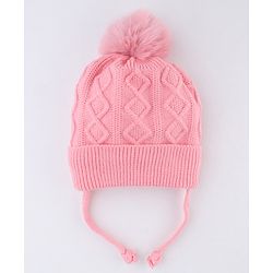 Babyhug Knit Woollen Cap with Animal Face Design & Pom Pom   Blue - 10 cm