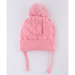 Babyhug Knit Woollen Cap with Animal Face Design & Pom Pom   Blue - 10 cm