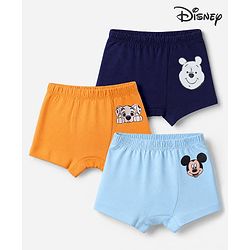 Babyhug Disney 100% Cotton Knit Briefs With Disney Character Graphic Pack Of 3 - Sky Blue Orange & Navy Blue
