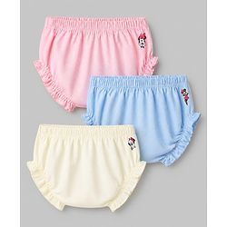Babyhug Disney Single Jersey Knit Bloomers With Minnie Mouse Graphic Pack of 3- Pink Blue Yelow