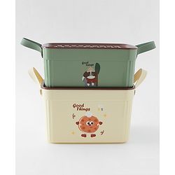 Babyhug Good Things Printed Storage Boxes Set of 2 Cream & Green | Large & Medium Sizes | Side Handles | Multipurpose Home Organizer | Unisex