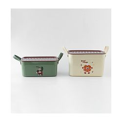 Babyhug Good Things Printed Storage Boxes Set of 2 Cream & Green | Large & Medium Sizes | Side Handles | Multipurpose Home Organizer | Unisex