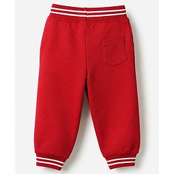 Babyhug Cotton Looper Knit Full Length Track Pant With Bear Patch - Red