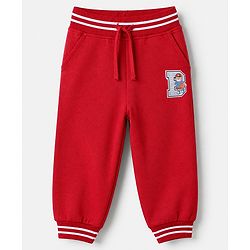 Babyhug Cotton Looper Knit Full Length Track Pant With Bear Patch - Red
