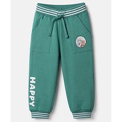 Babyhug Cotton Looper Knit Jogger Fit Full Length Lounge Pant with Happy Print - Green