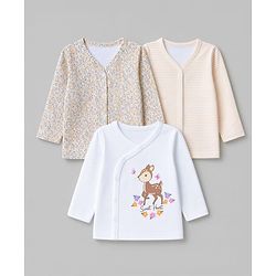 Babyhug 100% Cotton Interlock Knit Front Open Striped Jhablas With Floral & Deer Print Pack of 3 - Peach, White & Beige