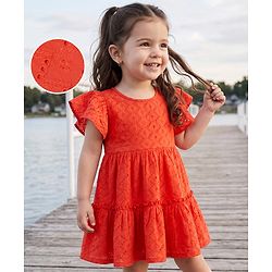 Babyhug 100% Cotton Woven Frock with Half Sleeves, Flutter Sleeves and Eyelet Embroidery in Red