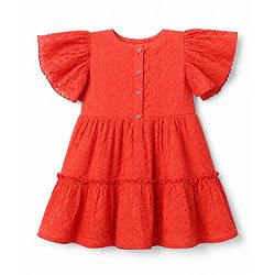 Babyhug 100% Cotton Woven Frock with Half Sleeves, Flutter Sleeves and Eyelet Embroidery in Red