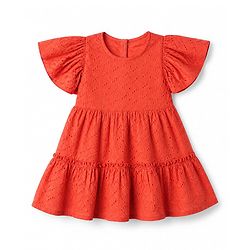 Babyhug 100% Cotton Woven Frock with Half Sleeves, Flutter Sleeves and Eyelet Embroidery in Red