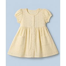 Babyhug Cotton Schiffili Woven Fit and Flare Frock with Puffed Sleeves in Cream