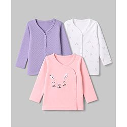 Babyhug 100% Cotton Interlock Knit Front Open Full Sleeves Jhablas With Polka Dot, Floral Print & Bunny Ear Applique Pack of 3 - Lilac, White & Pink