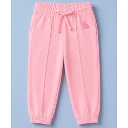 Babyhug Cotton Looper Knit Full Length Lounge Pant with Jogger Fit and Rabbit Applique - Pink