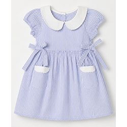 Babyhug Cotton Woven Half Puffed Sleeves Striped Frock With Bow Applique - Blue