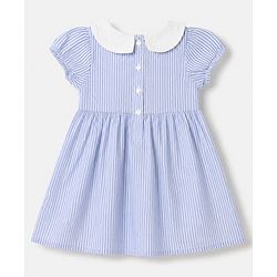Babyhug Cotton Woven Half Puffed Sleeves Striped Frock With Bow Applique - Blue