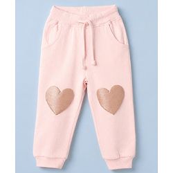Babyhug Cotton Looper Knit Jogger Fit Full Length Lounge Pants with Heart Applique - Pink