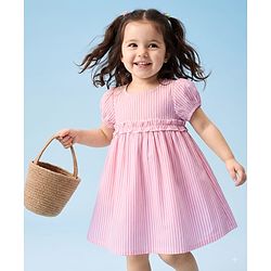 Babyhug Cotton Woven One Piece Dress with Half Sleeves and Striped Print - Pink