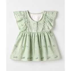 Babyhug 100% Cotton Woven Frock with Frill Sleeves and Eyelet Embroidery in Green