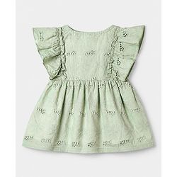 Babyhug 100% Cotton Woven Frock with Frill Sleeves and Eyelet Embroidery in Green