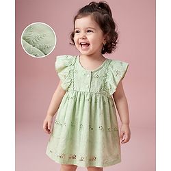 Babyhug 100% Cotton Woven Frock with Frill Sleeves and Eyelet Embroidery in Green