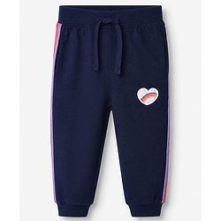 Babyhug Cotton Looper Knit Full Length Track Pants With Heart Patch - Navy Blue