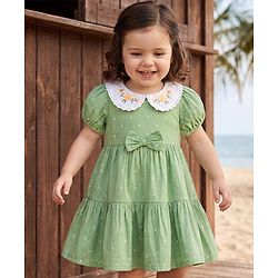 Babyhug Cotton Woven Half Sleeves One Piece Dress With Polka Dots Print & Bow Applique - Green