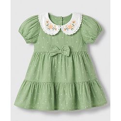 Babyhug Cotton Woven Half Sleeves One Piece Dress With Polka Dots Print & Bow Applique - Green