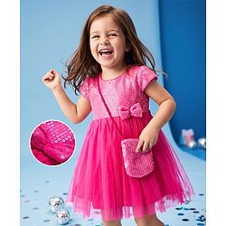 Babyhug Mesh Woven Cap Sleeves Party Dress With Sequin Detailing & Sling Bag - Dark Pink