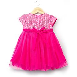 Babyhug Mesh Woven Cap Sleeves Party Dress With Sequin Detailing & Sling Bag - Dark Pink