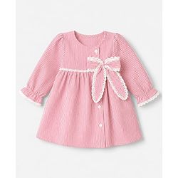 Babyhug Cotton Woven One Piece Dress with Full Sleeves and Striped Print - Pink