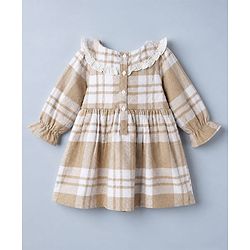 Babyhug Cotton Woven Full Sleeves Frock With Tartan Plaid Print in White