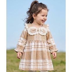 Babyhug Cotton Woven Full Sleeves Frock With Tartan Plaid Print in White