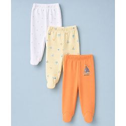 Babyhug 100% Cotton Knit Striped Nautical & Beach Theme Printed Bootie Leggings Pack Of 3 - Orange Yellow & White