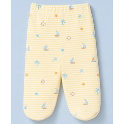 Babyhug 100% Cotton Knit Striped Nautical & Beach Theme Printed Bootie Leggings Pack Of 3 - Orange Yellow & White
