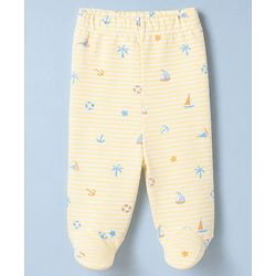 Babyhug 100% Cotton Knit Striped Nautical & Beach Theme Printed Bootie Leggings Pack Of 3 - Orange Yellow & White