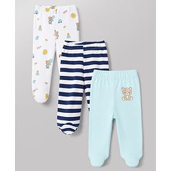Babyhug 100% Cotton Knit Full Length Striped Bootie Leggings With Bear Print Pack of 3 - Blue, White & Black