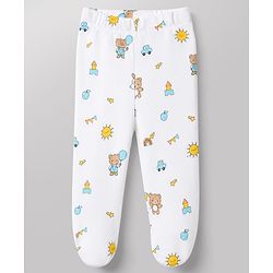 Babyhug 100% Cotton Knit Full Length Striped Bootie Leggings With Bear Print Pack of 3 - Blue, White & Black