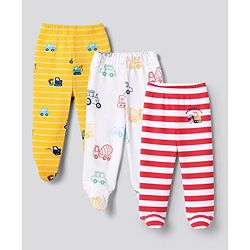 Babyhug 100% Cotton Knit Full Length Striped Bootie Leggings with Vehicle Print Pack of 3 - Yellow Red White