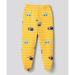 Babyhug 100% Cotton Knit Full Length Striped Bootie Leggings with Vehicle Print Pack of 3 - Yellow Red White