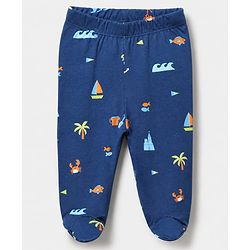 Babyhug Cotton Knit Striped Bootie Leggings With Boat Print Pack of 3 - Navy Blue, Limegreen & Light Blue