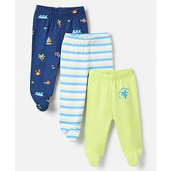 Babyhug Cotton Knit Striped Bootie Leggings With Boat Print Pack of 3 - Navy Blue, Limegreen & Light Blue