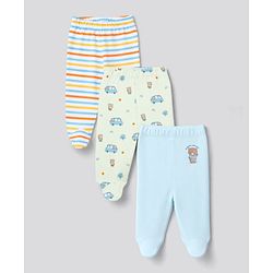Babyhug 100% Cotton Knit Striped & Bear Printed Bootie Leggings Pack Of 3 - Light Blue White & Orange
