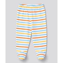 Babyhug 100% Cotton Knit Striped & Bear Printed Bootie Leggings Pack Of 3 - Light Blue White & Orange