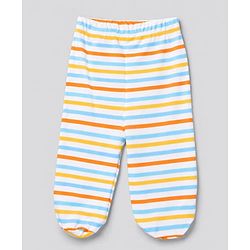 Babyhug 100% Cotton Knit Striped & Bear Printed Bootie Leggings Pack Of 3 - Light Blue White & Orange