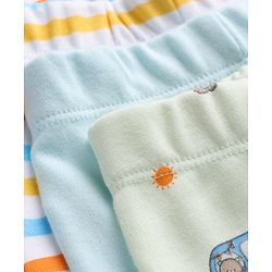 Babyhug 100% Cotton Knit Striped & Bear Printed Bootie Leggings Pack Of 3 - Light Blue White & Orange
