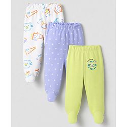 Babyhug 100% Cotton Knit Bootie Leggings with Animal , Star & Text Print Pack of 3 - White , Green & Violet