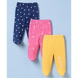 Babyhug 100% Cotton Knit Full Length Hearts & Floral Printed Bootie Leggings Pack Of 3 - Pink Navy Blue & Yellow