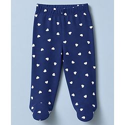 Babyhug 100% Cotton Knit Full Length Hearts & Floral Printed Bootie Leggings Pack Of 3 - Pink Navy Blue & Yellow